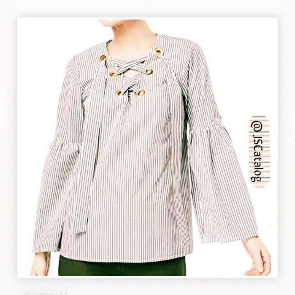 MICHAEL by Michael KORS Bell Sleeves Beige & White Striped Blouse - S